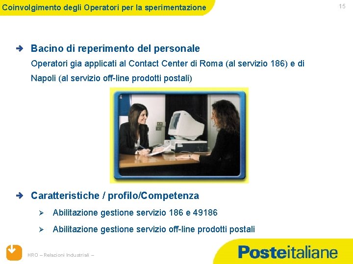 Coinvolgimento degli Operatori per la sperimentazione Bacino di reperimento del personale Operatori gia applicati