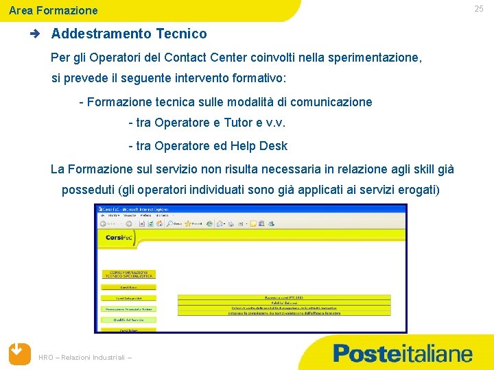 25 Area Formazione Addestramento Tecnico Per gli Operatori del Contact Center coinvolti nella sperimentazione,