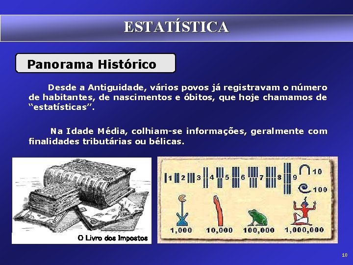 ESTATÍSTICA Panorama Histórico Desde a Antiguidade, vários povos já registravam o número de habitantes,