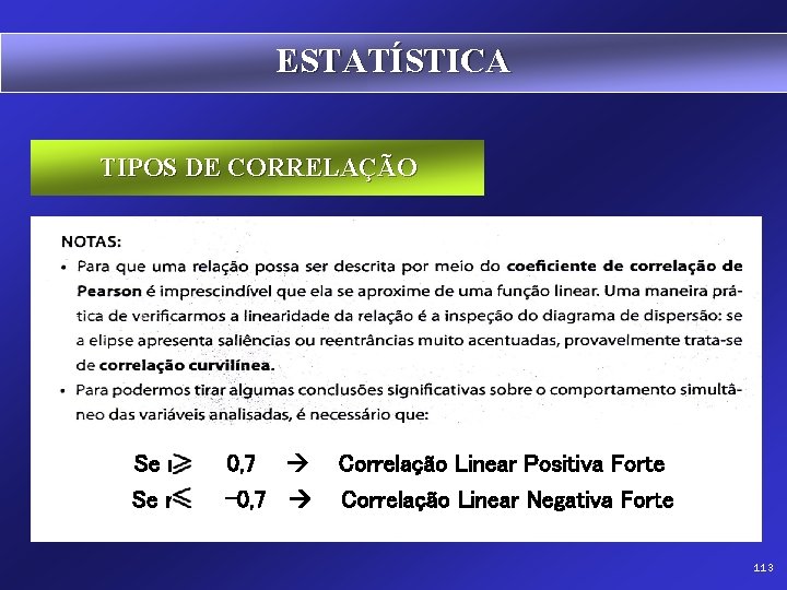 ESTATÍSTICA TIPOS DE CORRELAÇÃO Se r 0, 7 -0, 7 Correlação Linear Positiva Forte