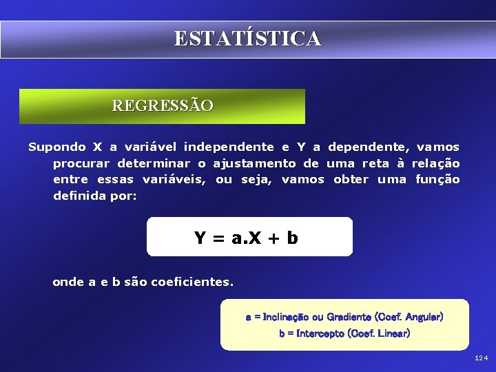 ESTATÍSTICA REGRESSÃO Supondo X a variável independente e Y a dependente, vamos procurar determinar