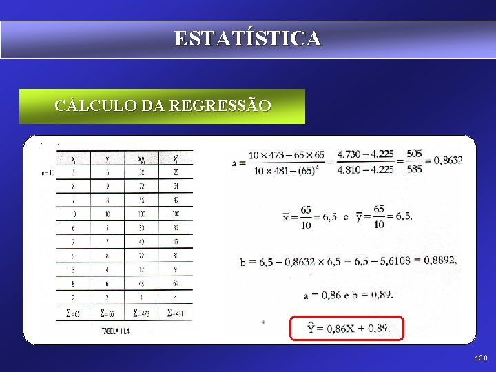 ESTATÍSTICA CÁLCULO DA REGRESSÃO 130 