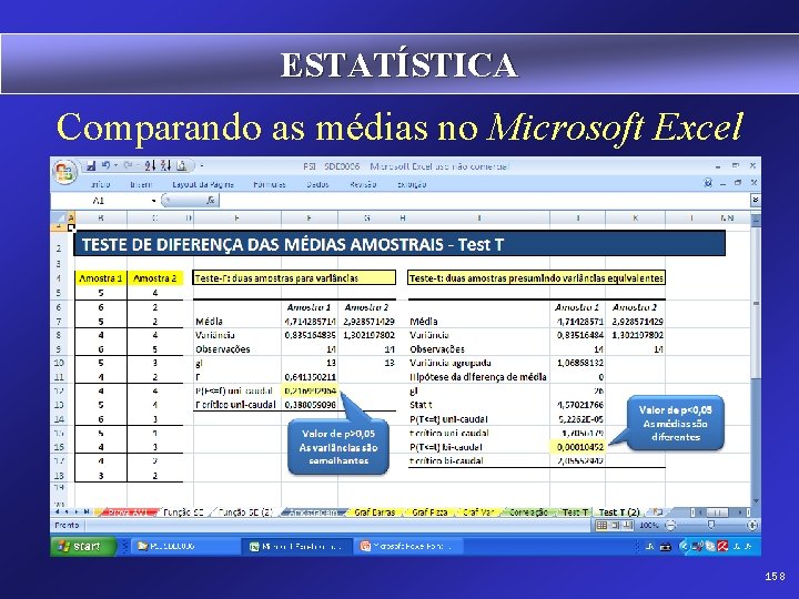 ESTATÍSTICA Comparando as médias no Microsoft Excel 158 