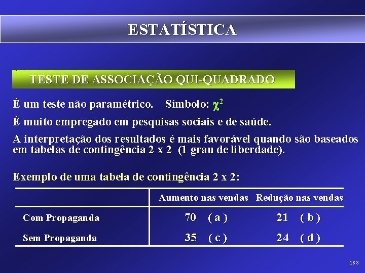 ESTATÍSTICA TESTE DE ASSOCIAÇÃO QUI-QUADRADO É um teste não paramétrico. Símbolo: 2 É muito