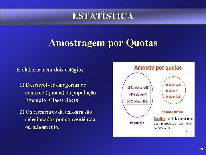 ESTATÍSTICA Amostragem por Quotas É elaborada em dois estágios: 1) Desenvolver categorias de controle