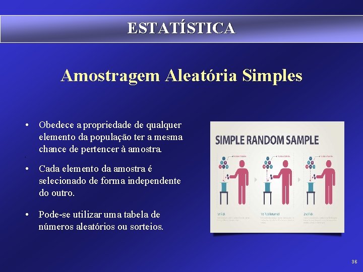 ESTATÍSTICA Amostragem Aleatória Simples • Obedece a propriedade de qualquer elemento da população ter