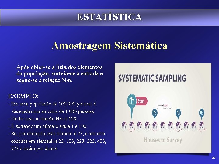 ESTATÍSTICA Amostragem Sistemática Após obter-se a lista dos elementos da população, sorteia-se a entrada