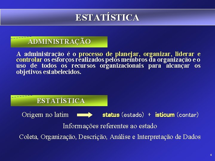 ESTATÍSTICA ADMINISTRAÇÃO A administração é o processo de planejar, organizar, liderar e controlar os