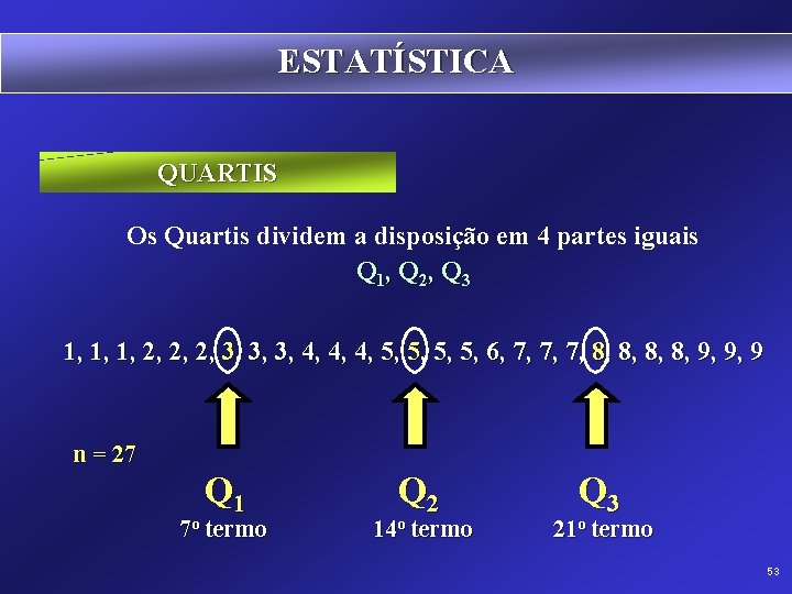 ESTATÍSTICA QUARTIS Os Quartis dividem a disposição em 4 partes iguais Q 1, Q