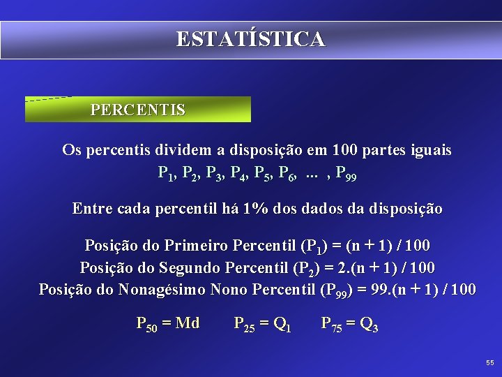 ESTATÍSTICA PERCENTIS Os percentis dividem a disposição em 100 partes iguais P 1, P