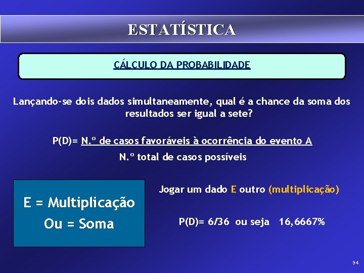 ESTATÍSTICA CÁLCULO DA PROBABILIDADE Lançando-se dois dados simultaneamente, qual é a chance da soma