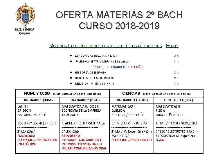 OFERTA MATERIAS 2º BACH CURSO 2018 -2019 Materias troncales generales y específicas obligatorias Horas