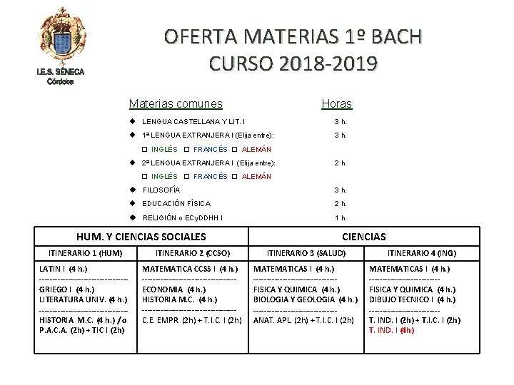 OFERTA MATERIAS 1º BACH CURSO 2018 -2019 Materias comunes Horas LENGUA CASTELLANA Y LIT.