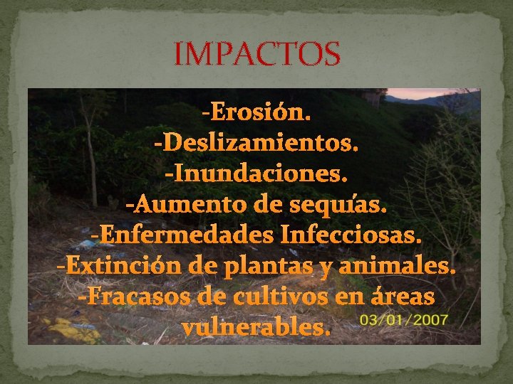 IMPACTOS -Erosión. -Deslizamientos. -Inundaciones. -Aumento de sequías. -Enfermedades Infecciosas. -Extinción de plantas y animales.