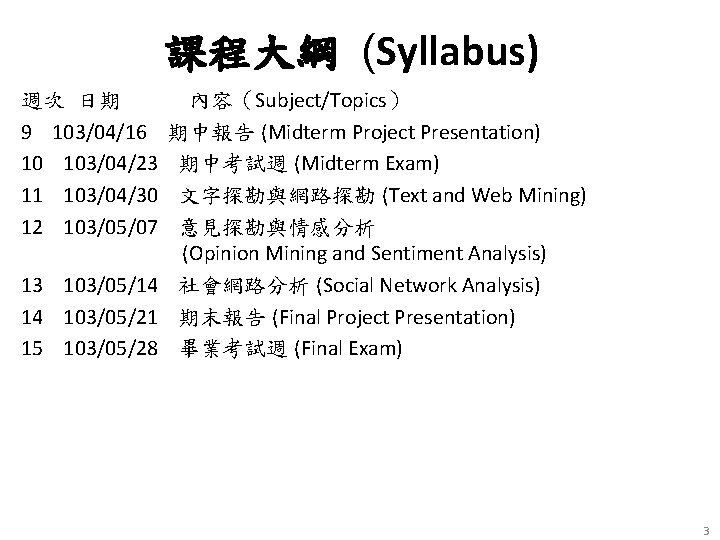 課程大綱 (Syllabus) 週次 日期 9 103/04/16 10 103/04/23 11 103/04/30 12 103/05/07 內容（Subject/Topics） 期中報告