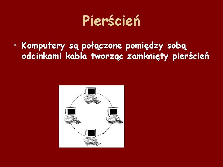 Pierścień • Komputery są połączone pomiędzy sobą odcinkami kabla tworząc zamknięty pierścień 