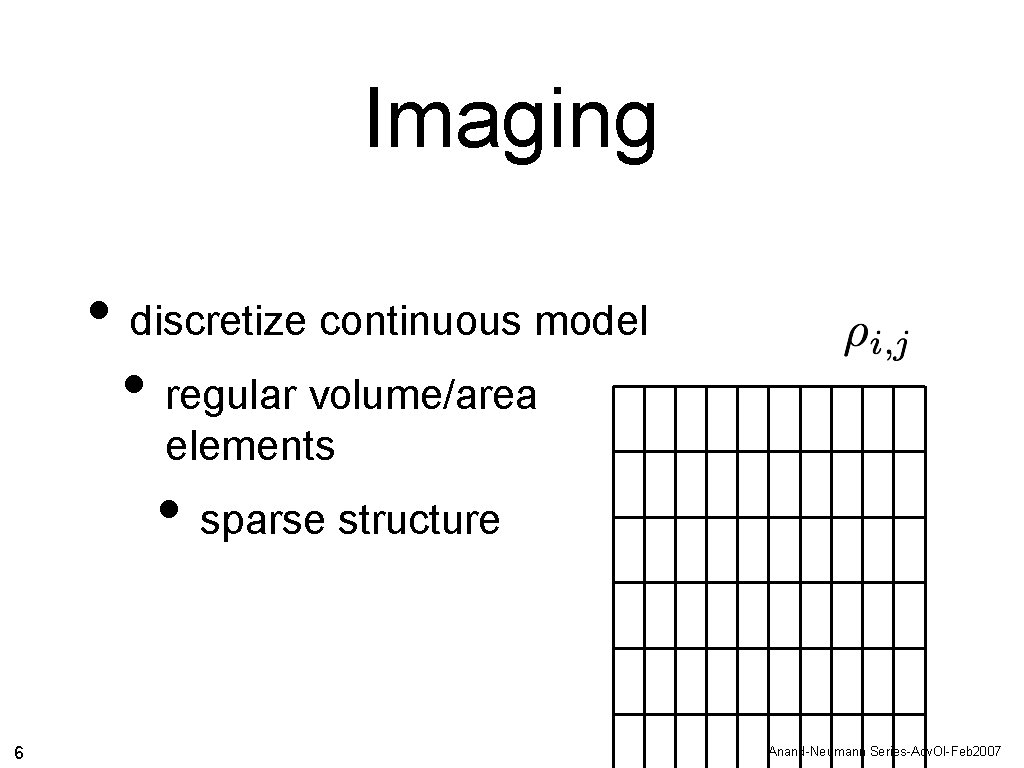 Imaging • discretize continuous model • regular volume/area elements • sparse structure 6 Anand-Neumann