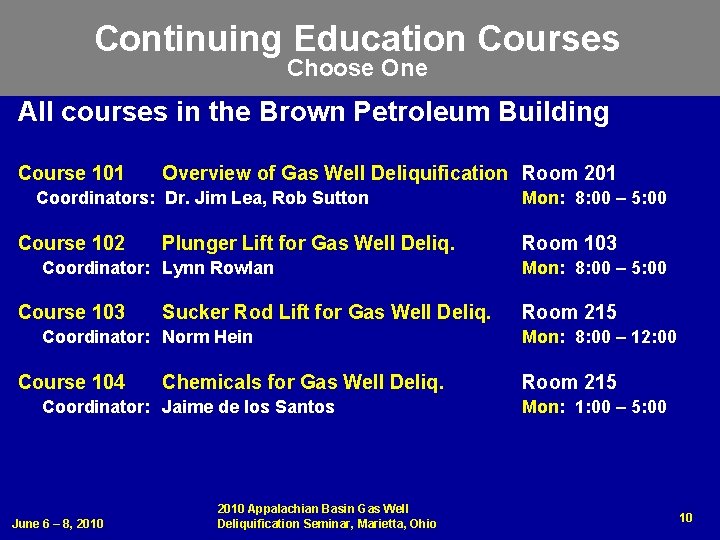 Continuing Education Courses Choose One All courses in the Brown Petroleum Building Course 101