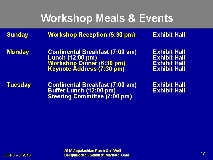 Workshop Meals & Events Sunday Workshop Reception (5: 30 pm) Exhibit Hall Monday Continental