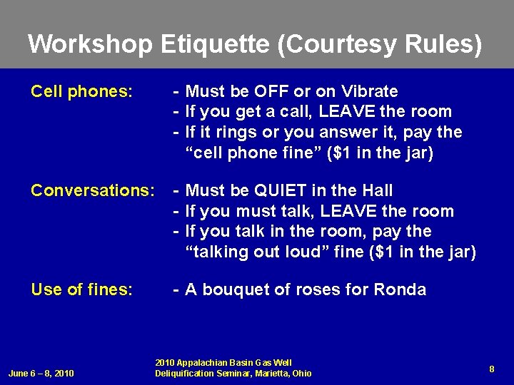 Workshop Etiquette (Courtesy Rules) Cell phones: - Must be OFF or on Vibrate -