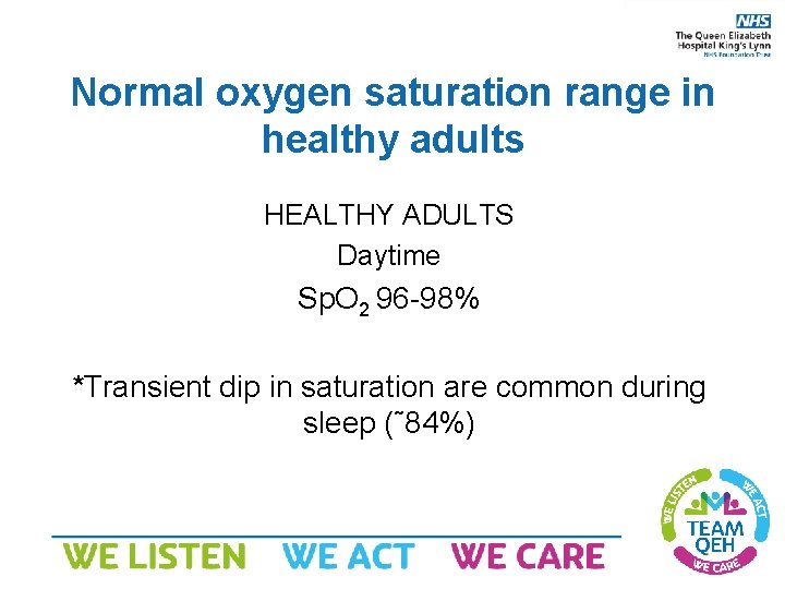 Normal oxygen saturation range in healthy adults HEALTHY ADULTS Daytime Sp. O 2 96