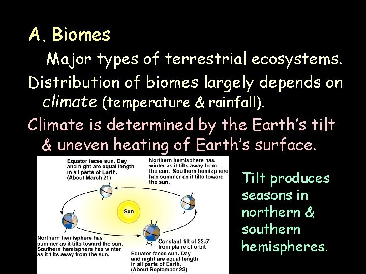 A. Biomes Major types of terrestrial ecosystems. Distribution of biomes largely depends on climate