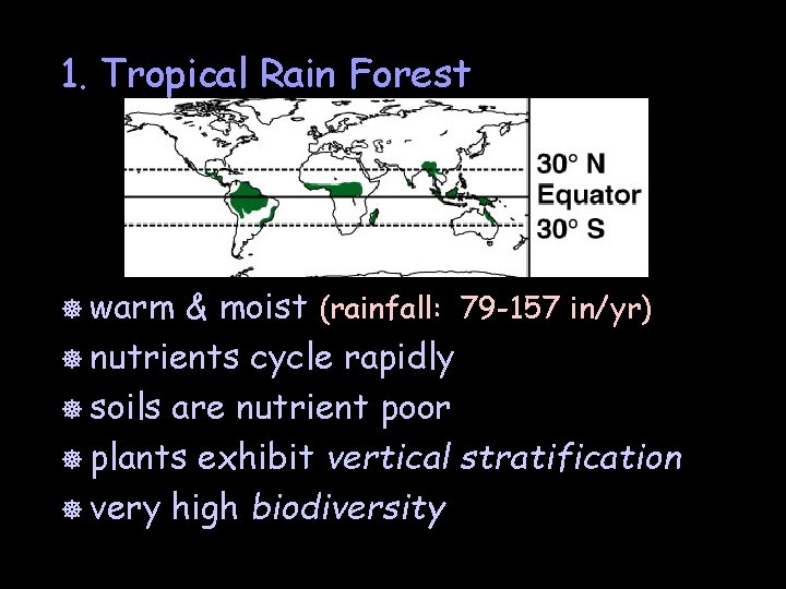 1. Tropical Rain Forest ] warm & moist (rainfall: 79 -157 in/yr) ] nutrients