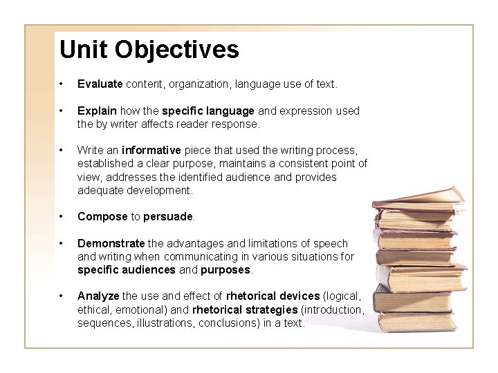 Unit Objectives • Evaluate content, organization, language use of text. • Explain how the