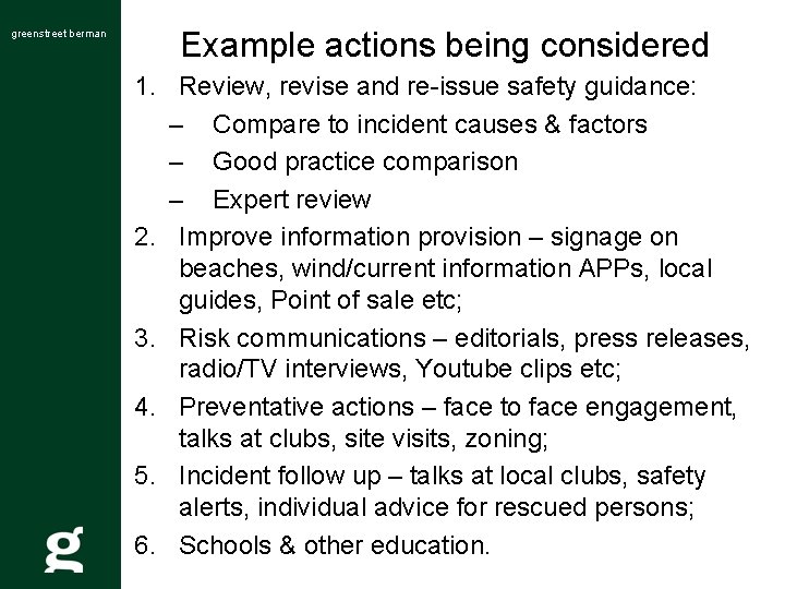 greenstreet berman Example actions being considered 1. Review, revise and re-issue safety guidance: –