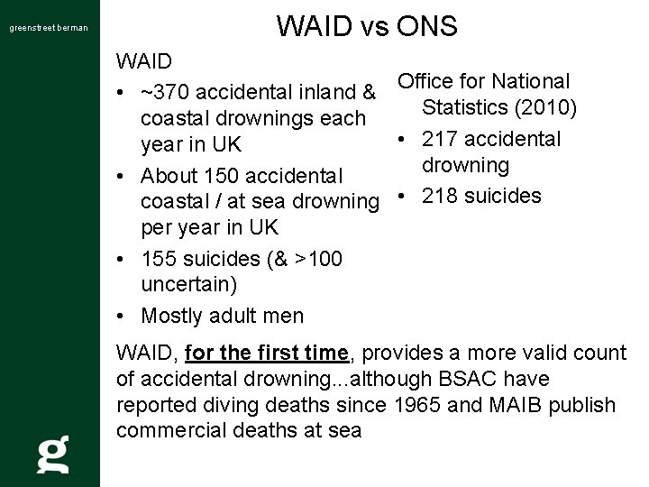 greenstreet berman WAID vs ONS WAID • ~370 accidental inland & Office for National