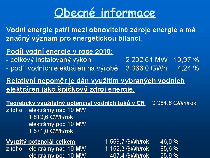 Obecné informace Vodní energie patří mezi obnovitelné zdroje energie a má značný význam pro