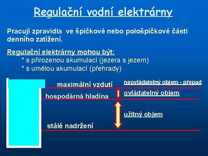 Regulační vodní elektrárny Pracují zpravidla ve špičkové nebo pološpičkové části denního zatížení. Regulační elektrárny