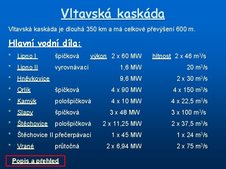 Vltavská kaskáda je dlouhá 350 km a má celkové převýšení 600 m. Hlavní vodní