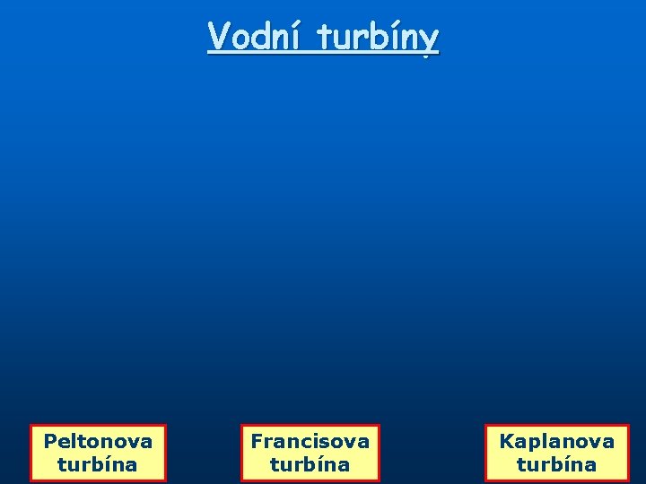 Vodní turbíny Peltonova turbína Francisova turbína Kaplanova turbína 