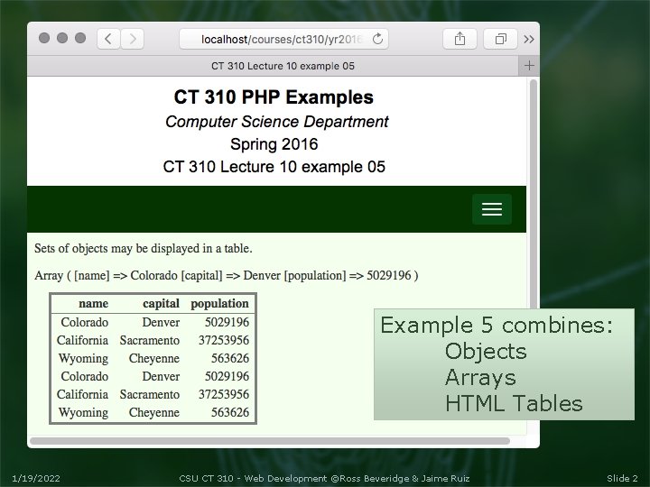 Example 5 combines: Objects Arrays HTML Tables 1/19/2022 CSU CT 310 - Web Development