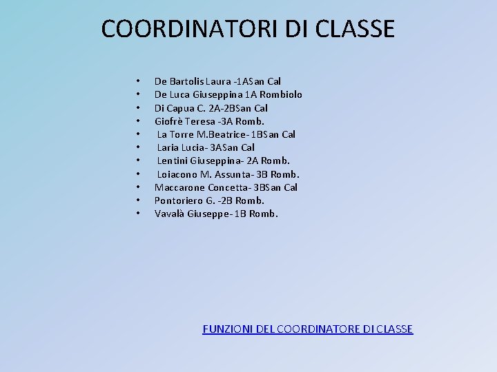 COORDINATORI DI CLASSE • • • De Bartolis Laura -1 ASan Cal De Luca