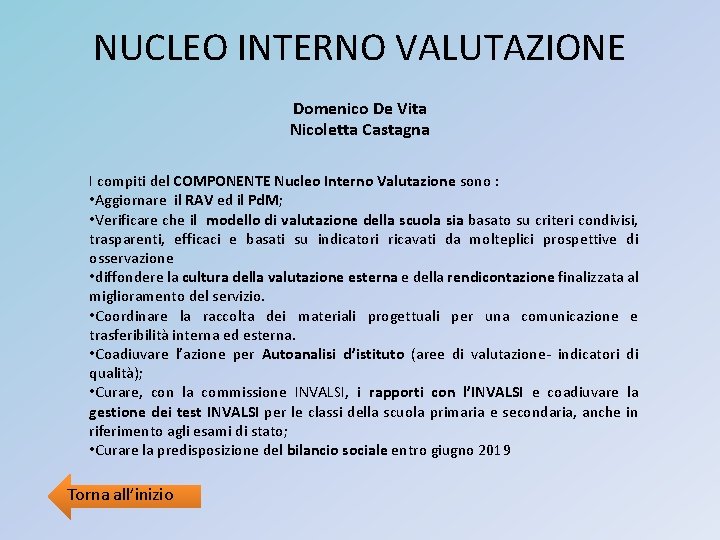 NUCLEO INTERNO VALUTAZIONE Domenico De Vita Nicoletta Castagna I compiti del COMPONENTE Nucleo Interno