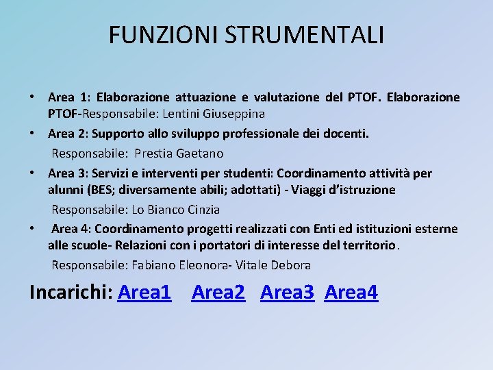 FUNZIONI STRUMENTALI • Area 1: Elaborazione attuazione e valutazione del PTOF. Elaborazione PTOF-Responsabile: Lentini