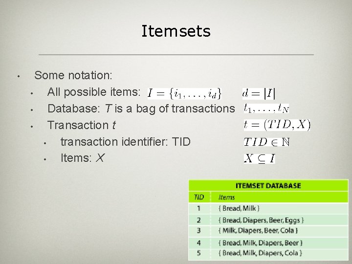 Itemsets • Some notation: • All possible items: • Database: T is a bag