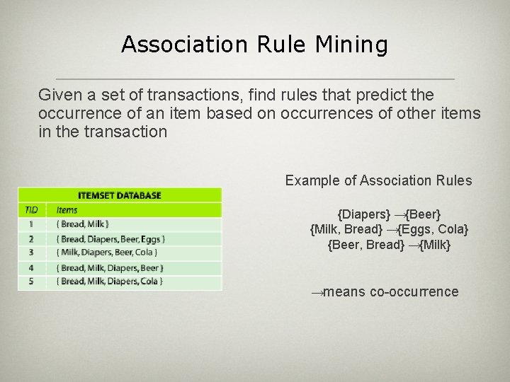 Association Rule Mining Given a set of transactions, find rules that predict the occurrence