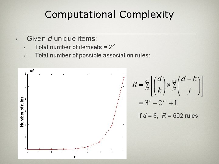 Computational Complexity Given d unique items: • • • Total number of itemsets =