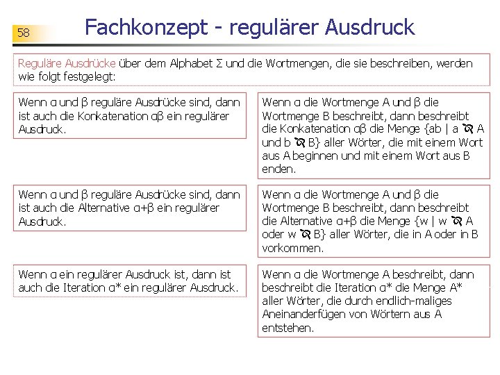 58 Fachkonzept - regulärer Ausdruck Reguläre Ausdrücke über dem Alphabet Σ und die Wortmengen,