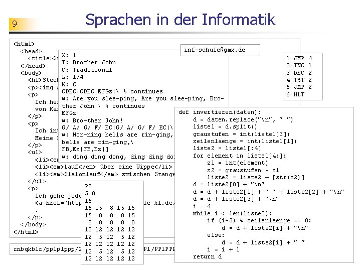 9 Sprachen in der Informatik <html> inf-schule@gmx. de <head> X: 1 1 JMP 4