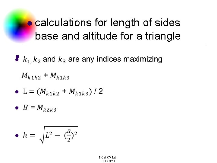 l calculations for length of sides base and altitude for a triangle l DC
