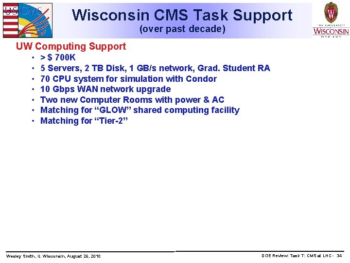 Wisconsin CMS Task Support (over past decade) UW Computing Support • • > $
