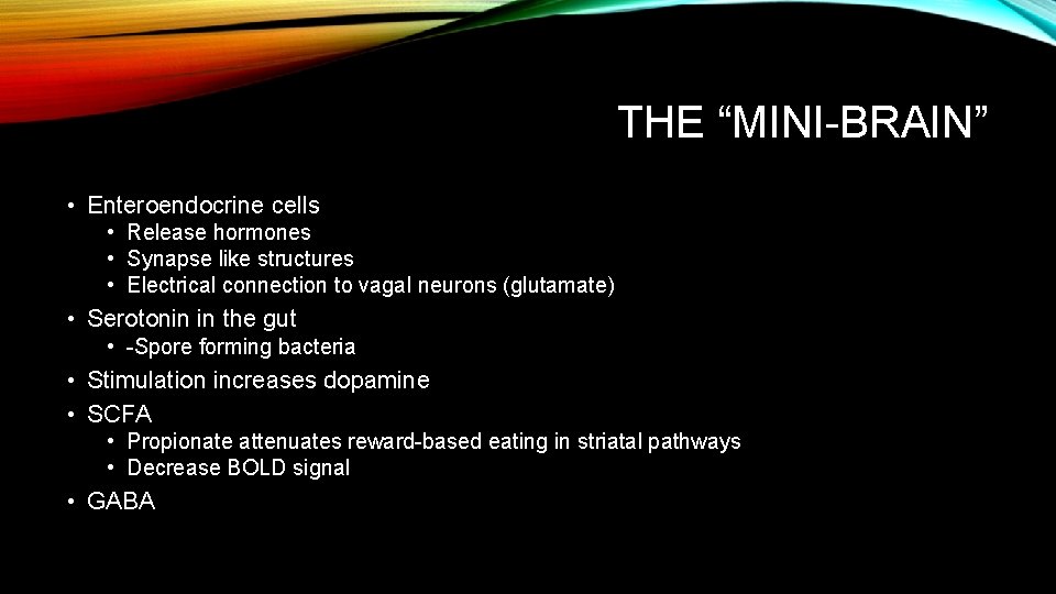 THE “MINI-BRAIN” • Enteroendocrine cells • Release hormones • Synapse like structures • Electrical