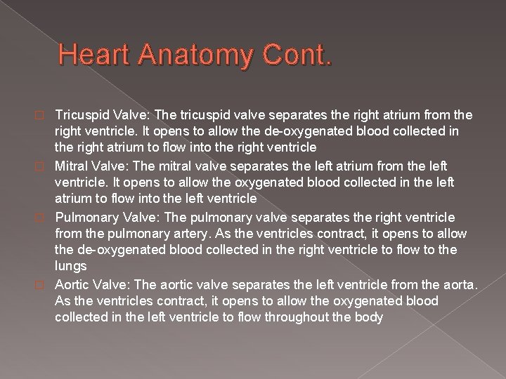 Heart Anatomy Cont. Tricuspid Valve: The tricuspid valve separates the right atrium from the