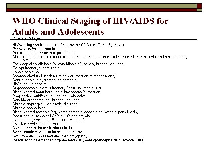 WHO Clinical Staging of HIV/AIDS for Adults and Adolescents Clinical Stage 4 HIV wasting