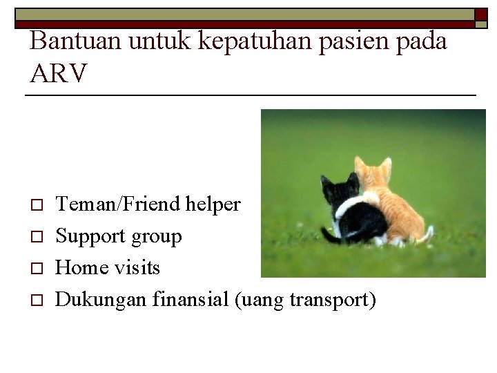 Bantuan untuk kepatuhan pasien pada ARV o o Teman/Friend helper Support group Home visits