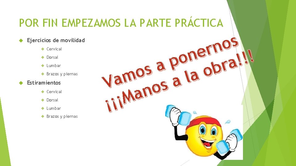 POR FIN EMPEZAMOS LA PARTE PRÁCTICA Ejercicios de movilidad v Cervical v Dorsal v